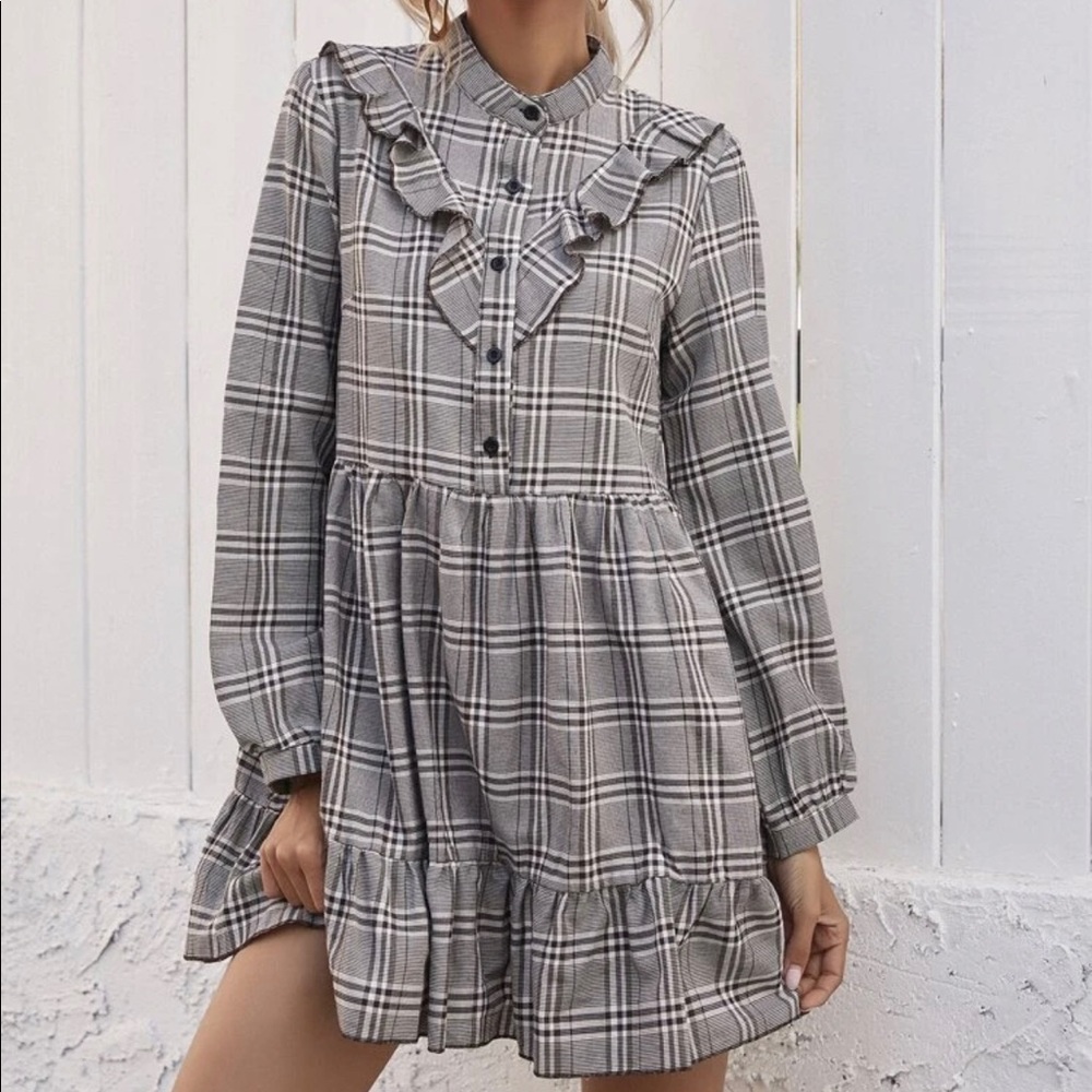 🆕Babydoll Ruffles Trim Plaid Smock Dress